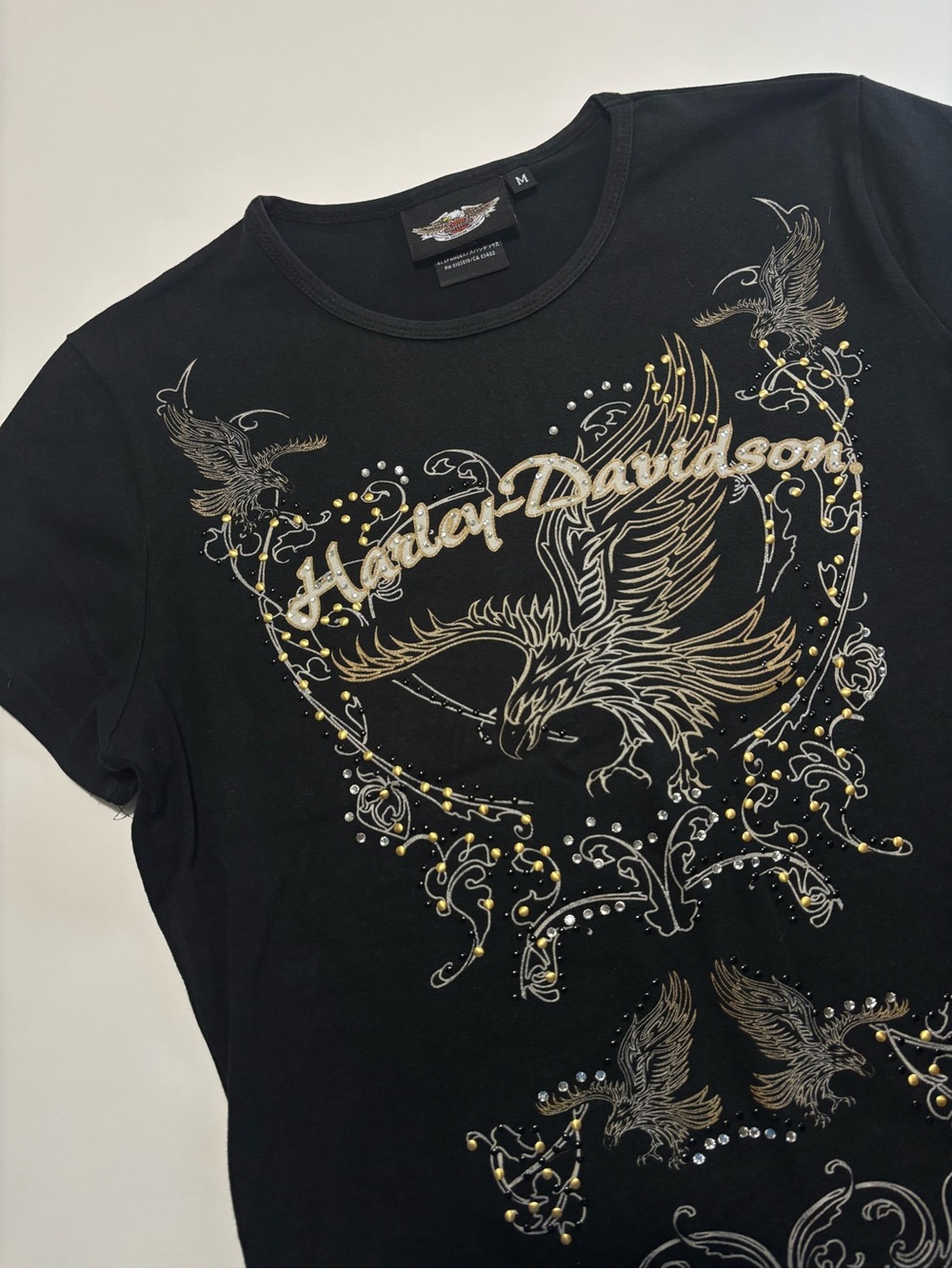Harley Davidson Black & Gold Eagle Rhinestone Short Sleeve Cotton T-Shirt